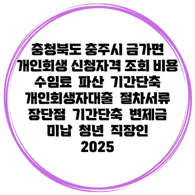충청북도 충주시 금가면 개인회생 신청자격 조회 비용 수임료 | 파산 | 기간단축 | 개인회생자대출 | 절차서류 | 장단점 | 기간단축 | 변제금 미납 | 청년 | 직장인 2025